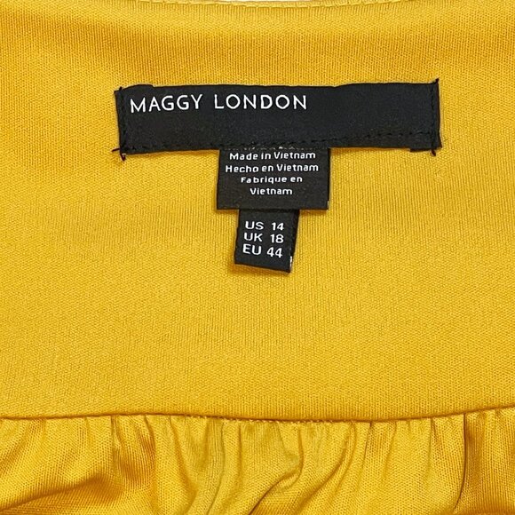 Maggy London Faux Wrap Midi Dress — Yellow Gold Bird Floral Print — Size 14 - Picture 8 of 9